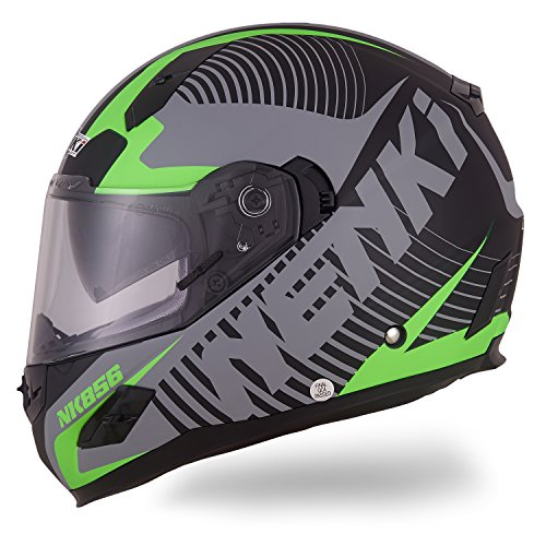 NENKI Casco integral moto de Fibra de Vidrio con doble visera NK-856, con ECE Homologado, color Negro Mate Verde, tamaño Large