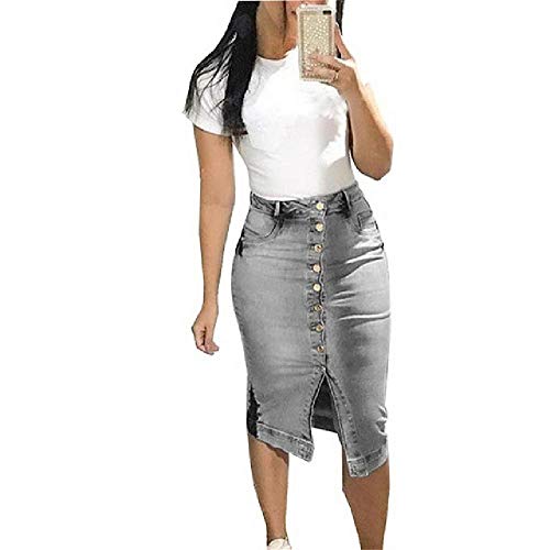 NOBRAND de las mujeres de mezclilla pantalones vaqueros falda de cintura alta botón frontal longitud de la rodilla falda falda casual bodycon moda femme más el tamaño Gris gris El tamaño asiático S