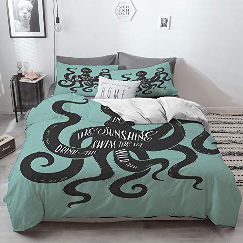 nologo 3 Piezas Bedding Juego de Funda de Edredón,Octopus, Live in The Sunshine Swim The Sea Drink The Wild Air Mensaje Gráfico, turque,Funda Nórdica Microfibra - Suaves y cómodas,200 x 200cm