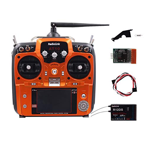 Ocamo R12DS Radiolink AT10II - Receptor y transmisor R12DS (12 canales, 2,4 GHz, DSSS & FHS, mando a distancia para drones RC/multicopter/helicópteros, gas izquierdo, palanca de gas de color naranja