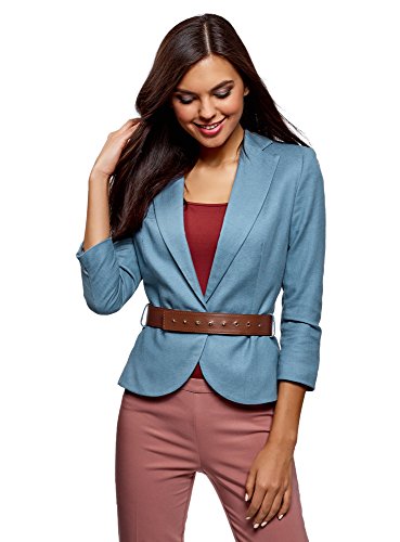 oodji Collection Mujer Chaqueta de Lino con Cinturón Ancho, Azul, ES 44 / XL