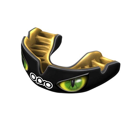 OPRO Power-Fit | Mouthguard Hecho a Mano | Escudo de Goma para Rugby, Hockey, Lacrosse, Boxeo y Otros Deportes de Contacto (10 años o más) | 18 Meses de garantía Dental (Ojos Negro/Dorado/Verde)