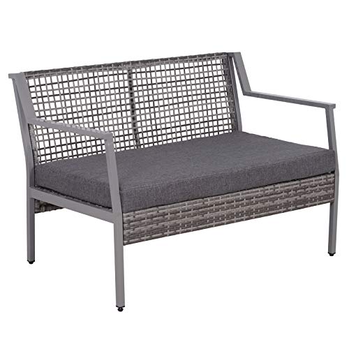 Outsunny Sofá de Ratán Estructura de Aluminio Dos Plazas con Cojín Desmontable Sillón Mueble de Jardín 118x75x79cm para Patio Exterior al Aire Libre Gris