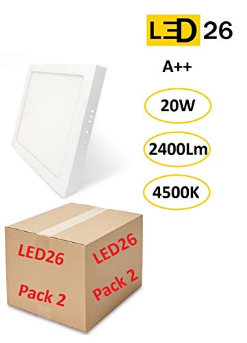 Pack de 2 Plafones de Techo LED 20W 2400lm Blanco Neutro 4500k Cuadrado Superficie Panel LED Iluminacion Para Sala de Estar, Comedor, Dormitorio, Oficina, Tienda