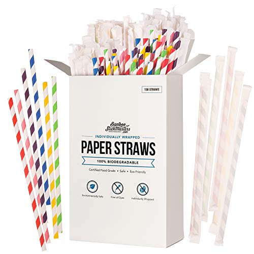 Pajitas de papel biodegradables, 150 unidades, desechables, veganas, sin plástico, para fiestas, cumpleaños, bodas, bricolaje, decoraciones, 6 colores brillantes, ecológicas