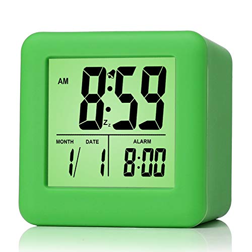 Plumeet Reloj Despertador Digital con Snooze, luz de Noche Suave, Pantalla Grande con Hora, Fecha y Alarma, Alarma con Sonido Ascendente y tamaño portátil, niños (Verde)