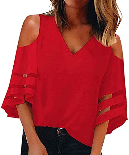 POINWER - Camiseta de malla para mujer, cuello en V, manga 3/4, suelta, mangas de trompeta, camisetas de verano, blusa de gran tamaño, elegante calle, informal, festivo, fiesta, etc. Rojo rosso XXL