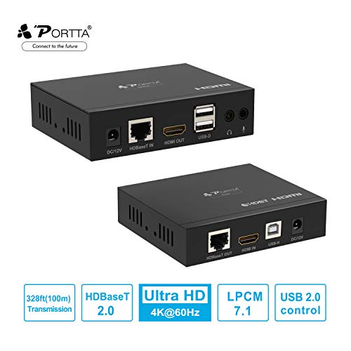 PORTTA Extensor HDMI USB 2.0 KVM HDBaseT Sin comprimir 4K@60Hz 4:2:0 100m (328ft) 6 puertos USB 2.0 Hub Audio 3.5mm Estéreo y micrófono en cable UTP CAT5e /6/7 Ethernet UTP Extensor único HDMI CEC