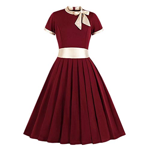 Primavera y otoño nueva mujer plisada cuello mock vestido grande falda swing Rojo Burdeos 40