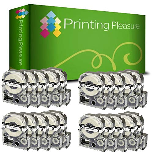 Printing Pleasure 20x AS12KW SS12KW Negro sobre Blanco Cinta de Etiquetas Compatible con Epson LabelWorks LW-300 LW-400 LW-500 LM-700 LW-900P KingJim TepraPro | 12mm x 8m