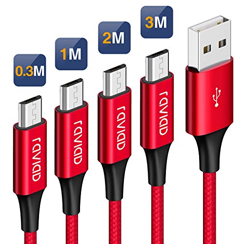 RAVIAD Cable Micro USB, [4Pack 0.3m 1m 2m 3m] Cargador Micro USB Carga Rápida Trenzado de Nylon per Android Galaxy S7/ S6, Redmi Note 5/6, Huawei, Sony, Kindle, Nexus, Motorola
