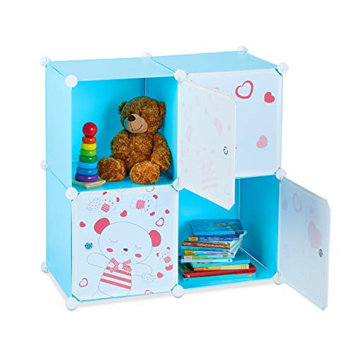 Relaxdays Estantería para niños, Osos, Cuatro Compartimentos, Extensible, Modular, 75 x 75 x 36,5 cm, Azul, PP