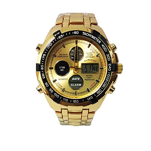 Reloj De Pulsera Hombre Deportivo Acero Inoxidable Multifuncional Impermeable Dual (Dorado)