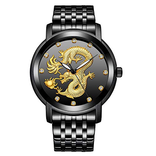 Reloj para hombre, Gorben Fashion Business Classic Nuevo diseño de Dragón, Reloj de pulsera de cuarzo de acero inoxidable, impermeable y con dial analógico con diamante de imitación para hombre, Negro