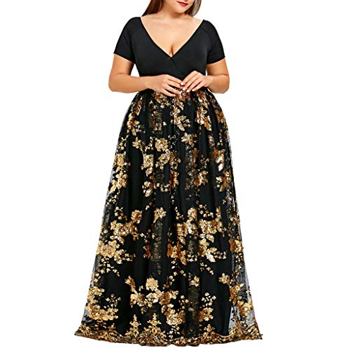 ReooLy Vestido de Malla de Fiesta con Lentejuelas Florales y Manga Corta con Cuello en V para Mujer (Oro,XXL)