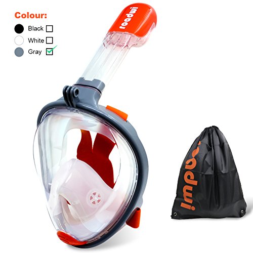 ROADWI Máscara de Snorkel de Cara Completa, Equipo de Buceo de 180 Grados, Máscara de Buceo con Máscara de Buceo Fácil, Diseño Antifugas con Cámara de Acción para Adultos y Niños (Gris, L/XL)