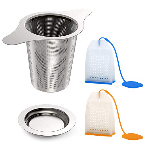 Senhai 304 Acero Inoxidable Infusor de té Y 2 Piezas Silicona Coladores de té, Filtro de te con Manijas Dobles para Colgando de Teteras, Tazas, para remojar el té de Hojas Sueltas y café