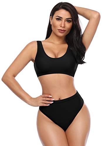 SHEKINI Bikini de Mujer Trajes de Baño de Dos Piezas Low Scoop Top de Cosecha Baja de Cuchara High Waisted Brasier Deportivo Top Racerback (M, Negro)