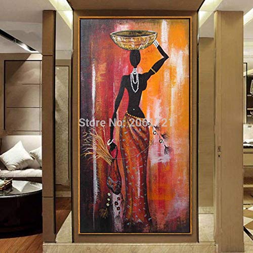 SUNNYWLH Pintura Mural Pintado A Mano Figura Pintura Al Óleo Mujer Africana Arte De La Lona Clásico Grande Vertical África Niña Pared Imagen Decorativa