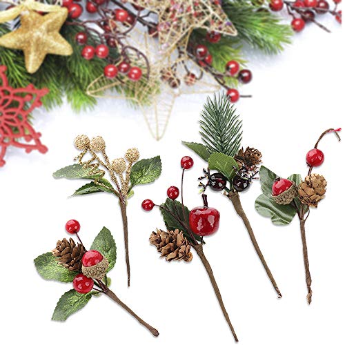 Sureh - 20 mini palillos de pino artificial con diseño de bayas rojas y hojas verdes para decoración de árbol de Navidad, corona de flores, manualidades, tarjetas de felicitación, flores