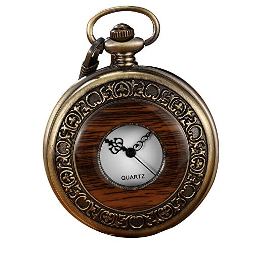 SUZHENA Reloj de Bolsillo Unqiue Reloj de Bolsillo de Madera Maciza con Caja Medallón de Cadena Dial Hollow Steampunk Skeleton Mujer Reloj de Bolsillo para Hombre, marrón