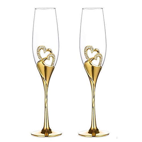 Sziqiqi Una Pareja 2 Piezas De Copas Creativas De Altao Grado Copas Copas De Cristal De Esmalte con Diamente En Forma De Corazón para Loa Amantes, Oro