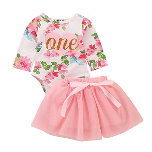 T TALENTBABY Bebés Bebés Niñas Manga Larga Primer Cumpleaños Mamelucos Tops Faldas Traje Rosa, 6-12 Meses