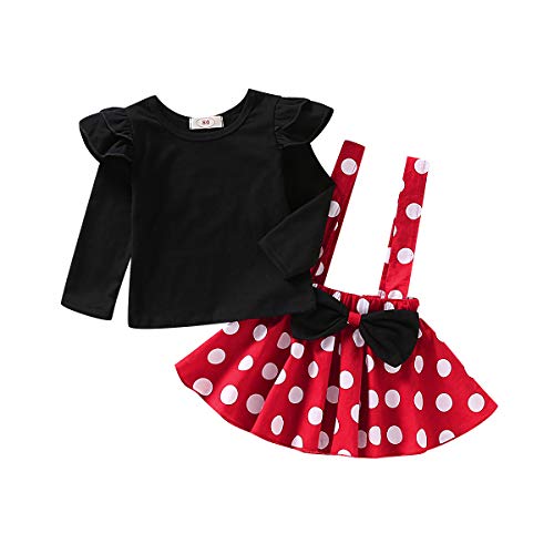 T TALENTBABY Conjunto de Top de Falda para niñas pequeñas y bebés recién Nacidos con Volantes Top de Cuadros Lisos Falda de Lunares de Bowknot Negro Rojo, 12-18 Meses