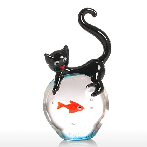 Tooarts - Gato y Pez Dorado - Estatua de Cristal Hecho a Mano Regalo de Vidrio Ornamento de Vidrio Decoración del Hogar Negro y Rojo