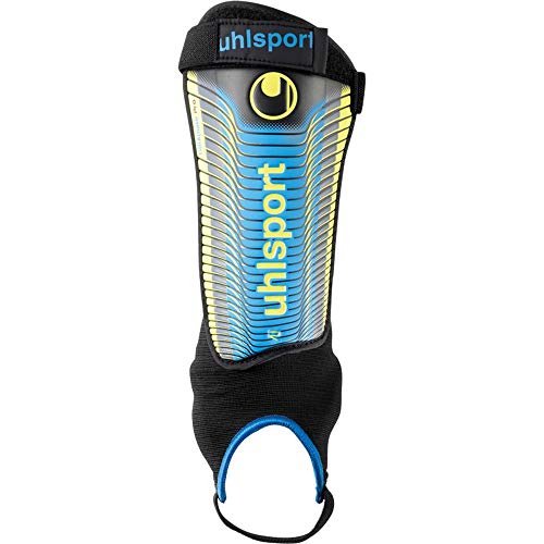 uhlsport Unisex - Tibia Plate Pro Espinilleras para Adulto, Color Negro/Azul/Amarillo Fluorescente, Talla M