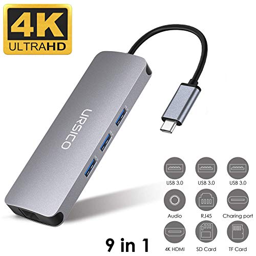 URSICO Hub USB C 9 En 1, Tipo C Adaptador con 4K HDMI, Ethernet Rj45, 3 USB 3.0, Mic/Audio, PD Port, SD/TF Lector para MacBook/MacBook Pro 2016/2017 and Other USB C Devices.