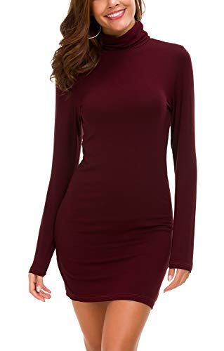 Vestido Ajustado de Manga Larga para Mujer Vestido Elegante de Cuello Alto con Cuello Alto (L, Vino Rojo)