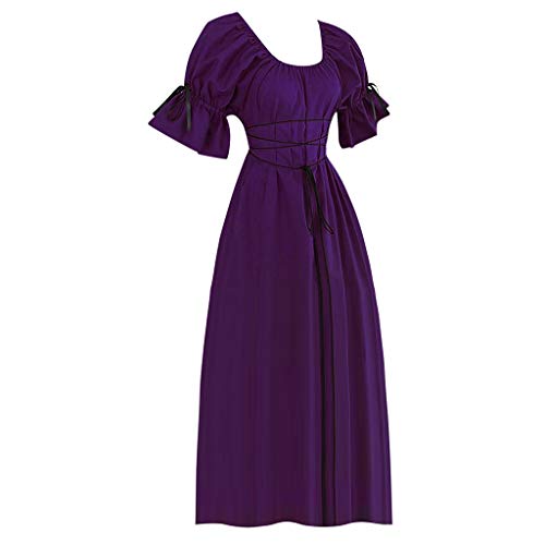 Vestidos Mujer Casual Mujer Women's Vintage Short Petal Sleeve O-Neck Medieval Dress Cosplay Dresses (Purple, L)