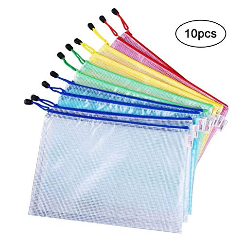 Vicloon Bolsa de Archivo de Cremallera, 10 Pcs A4 Bolsa de Documentos de Plástico de Impermeable 5 Colores, Bolsas de Archivos de Malla para Cosméticos de Oficina Viaje de Tarea Escolar