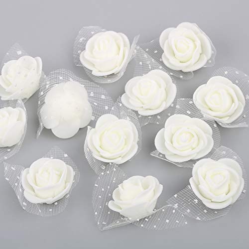 VINFUTUR 200pcs Rosas Artificiales Decoración Flores Falsos Espuma Rosas Blancas Artificiales con Borde de Gasa para Decoración Boda Fiestas Hogar Manualidad DIY-2.5cm