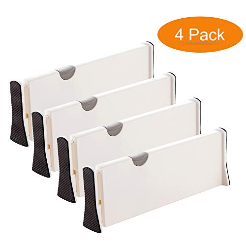 VLikeze Divisores de cajón ajustables, paquete de 4 separadores organizadores de cajones expansibles con bordes de espuma antiarañazos para cocina, dormitorio, baño y oficina cajones