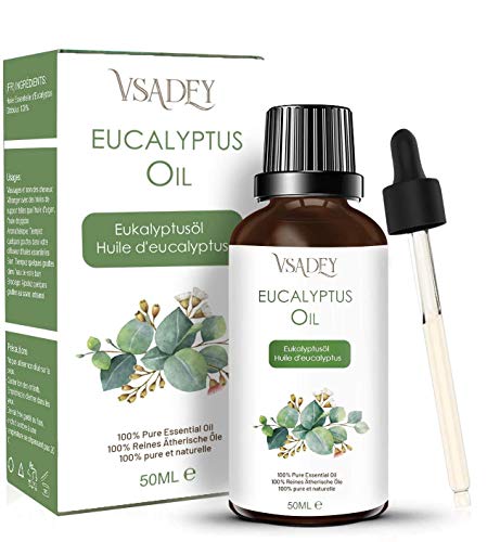 VSADEY Aceite Esencial de Eucalipto 50ml, Aceite de Eucalipto 100% Puro, Natural y Vegano, Aceite de Aromaterapia para Difusores de Calidad Terapéutica Lo Mejor para Sauna, Masajes, Bricolaje