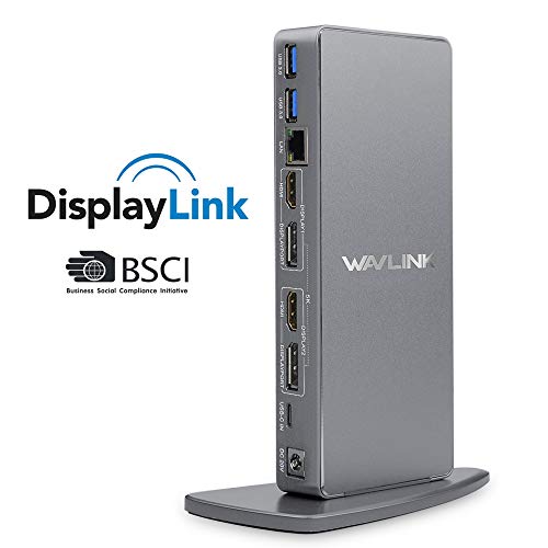 WAVLINK Ultra HD/5K USB 3.0 & USB C Universal Docking Station, 2 x 5k Display Port DP Puerto，2 x 4k HDMI, Gigabit Ethernet, Puerto Audio+Micrófono,4 Puertos USB 3.0, 2 Puertos USB C, Cables USB 3.0/C