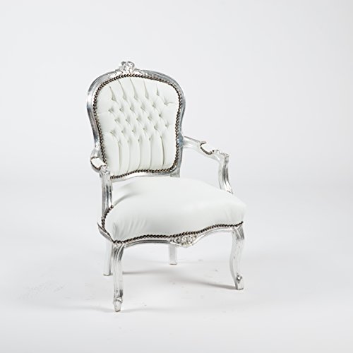 Way Home Store - Sillón barroco Luis de plata y piel sintética blanca, 63 x 65 x 94 cm