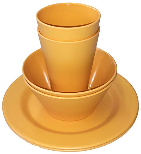 Wildfox - Vajilla de picnic de 6 piezas para interior y exterior de bambú, vajilla de camping para 2 personas, 2 platos, 2 vasos, 2 cuencos, Color amarillo melón.