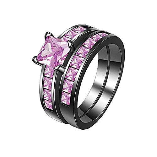 WSSVAN Anillo de Zircón Rosa de las Mujeres, Exquisito Conjunto de Anillo 2 en 1 de las Mujeres se Puede llevar Por Separado con un Diamante Púrpura Negro Compromiso Anillo Nupcial (Púrpura, 6)