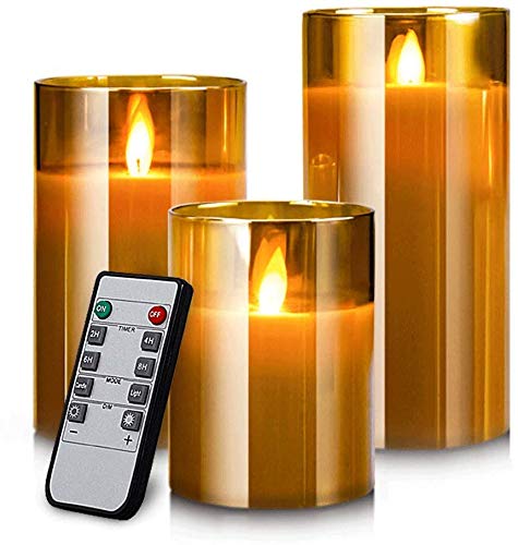 YMing Velas LED sin llama, Conjunto de 3 pilares Vela LED de Efecto Parpadeo Realista y Control Remoto Temporizador, Vidrio Dorado(10cm/12.5cm/15cm)