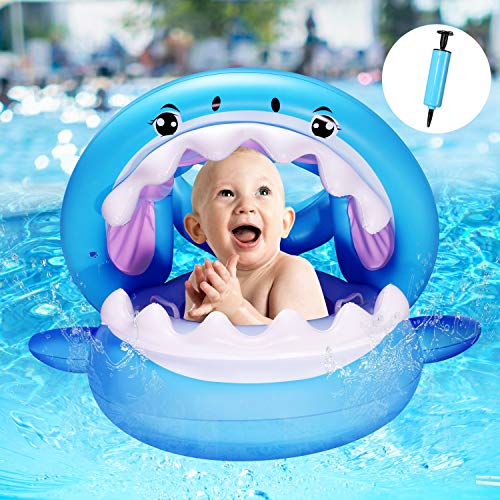 Yosemy Flotador para Bebé con Sombrilla Barco Inflable Flotador con Asiento Piscina Juguetes de Natación en Agua para Niños Anillo de Natación para Bebés de 6-36 Meses, Tiburón Azul