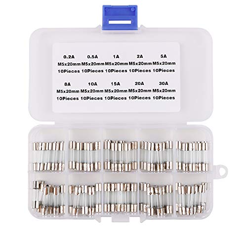 100pcs Fusible Cristal 0.2A 0.5A 1A 2A 5A 8A 10A 15A 20A 30A Fusible de tubo de vidrio de rápido soplo for Auto Car Coche Truck SUV Automotive Replacement Fuses with Puller Extraction Tool Kit