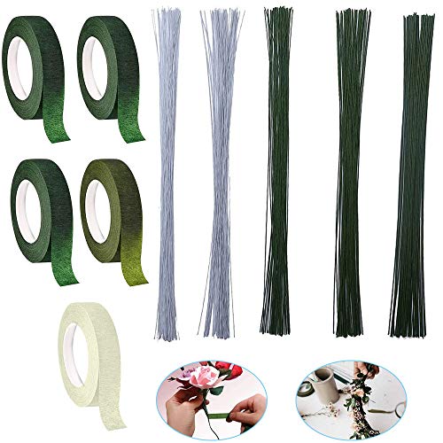 AFASOES 4 Pcs Cinta floral Verde + 190 Pcs Alambres florales Alambre Verde para Flores Cinta Floral Tape para Hacer Un Ramo de Boda, Coronas, Adornos Florales, Flores Artificiales,Manualidades