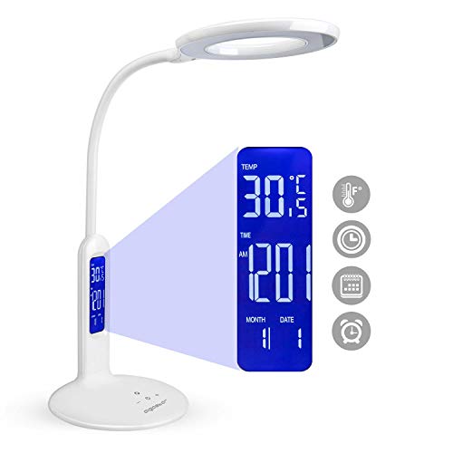 Aigostar Flexo 10KZP - Lámpara de escritorio LED 7W, Pantalla LCD con calendario, temperatura, alarma. táctil, 360lm. 5 Niveles de intensidad, 2 modos de iluminación luz blanca y cálida. Color blanco
