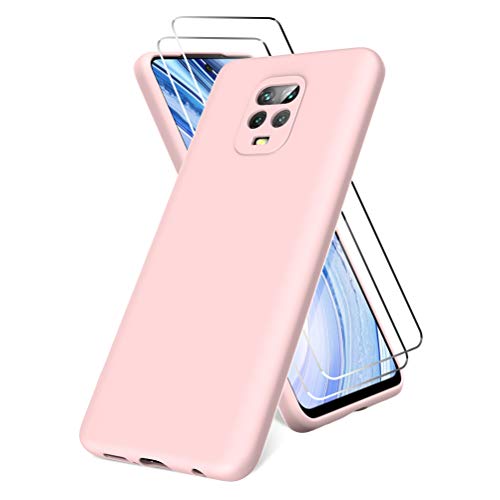 All Do Funda para Xiaomi Redmi Note 9S/9 Pro, Protector Pantalla Cristal Templado, Carcasa de Silicona Líquida Gel Ultra Suave Funda con tapete de Microfibra Anti-Rasguño - Rosa