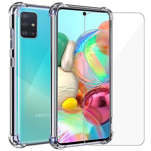 Annhao Funda Samsung Galaxy A71 + Cristal Templado, Transparente TPU Ultrafina Cuatro Esquinas Anti-Caídas Suave Silicona Anti arañazos, Case para Samsung Galaxy A71