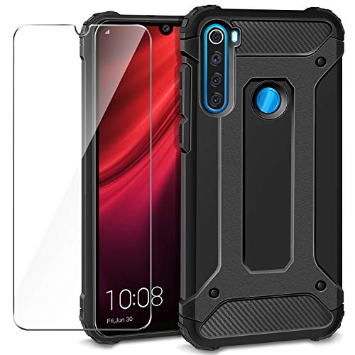 AROYI Funda Xiaomi Redmi Note 8T + Protectores de Pantalla en Cristal Templado, Robusta Carcasa Híbrida TPU + PC de Doble Capa Anti-arañazos Caso para Xiaomi Redmi Note 8T Negro