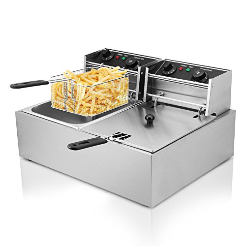 Autocompra Freidora Eléctrica 20L 5000W Freidora Industrial Acero Inoxidable para Patatas Fritas Deep Fryer Commercial (10L + 10L Tanque )